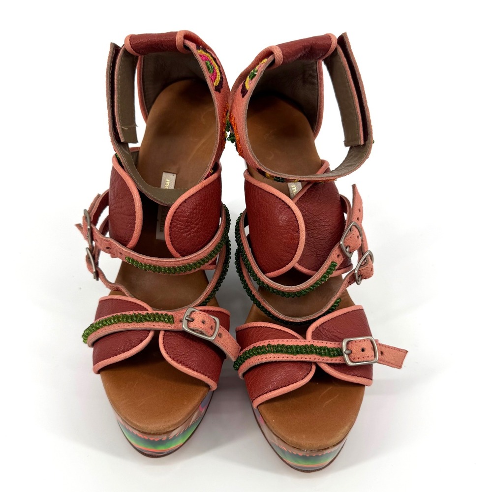 Meher Kakalia EU 40 Hand Painted Platform Wedge Sandals Embroidered Leather Boho - Picture 3 of 9